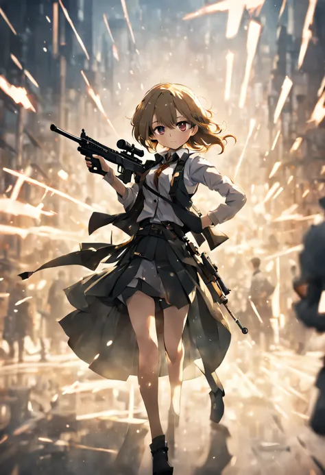 1girl, waistcoat, skirt, weapon, gun, sniper, closed mouth, bokeh, anime style, motion blur, drop shadow, masterpiece, UHD