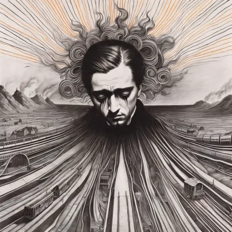 Rough drawing of a man with hair and railroad tracks, dramatic artwork, remedios varo y salvador dali, edvard escher kuhl, Zdzislaw Beksiński, by Rudolf Hausner, Zdzislaw Beksiński, M.C Escher, escher, escher