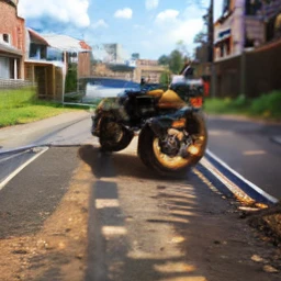 there is a motorcycle parked on a brick road in a park, wheelie, mx2, dariusz zawadz masterpiece, 3/4 profile, frontshot, motocross bike, ((((dirt brick road)))), rosen zulu, profile shot, dakar motorbike, 2263539546], hyper realistic, darius puia