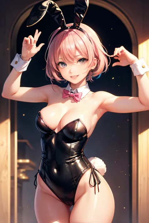 ((cyberpunked:1.5)), ((Playboy Bunny Girl Costume:1.5)), (Anime:1.5), ((The costume is made of metal:1.5)), ((In Kyoto Animation Style)), super precision, ​masterpiece, very extremely beautiful, Princess Face, ((1 girl)), ((Solo:1.5)), ((Pink hair:1.5)), (...