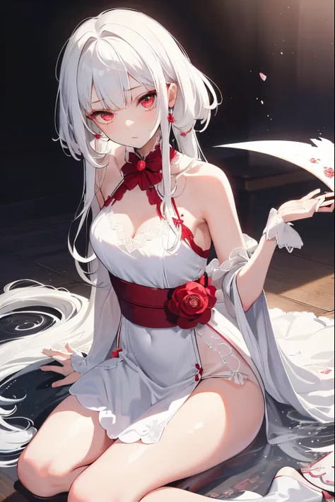 (Extremely delicate, masutepiece, Excellent light and shadow, 8K Hd wallpaper), white  hair, Crimson eyes, A slender,Neat and clean dress ,,, de pele branca,Cheek cane,Sluggishness,Crescent,Lace Shawl