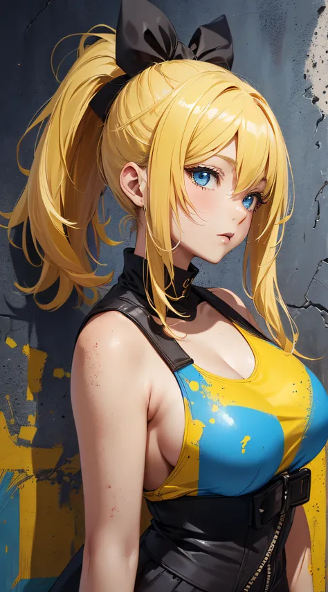 top-quality、Top image quality、​masterpiece、girl with((18year old、Best Bust、big bast,Beautiful blue eyes、Breasts wide open, Blonde ponytail、A slender,Large valleys、Black jersey、Sleeveless、Hachimaki、full body paint)）hiquality、Beautiful Art、Background with((C...