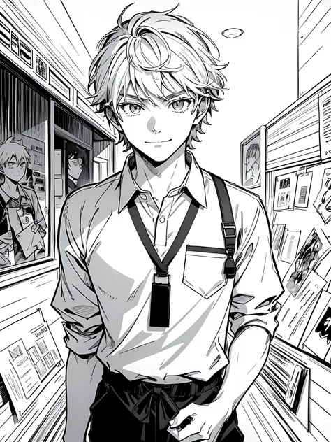 man, male, age 18, solo, face, very close up, looking at the camera, body towards camera, facing camera, serious eyes, calming face, slightly smile mouth, speaking mouth, wearing polo, wearing ID sling, wearing lanyard, ID holder, lineart, manga, manga art...