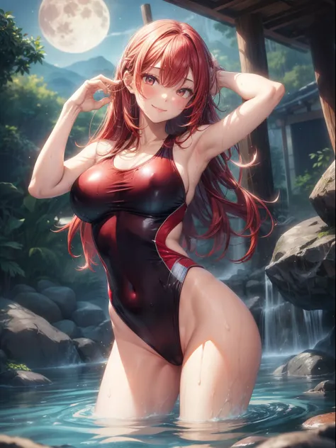 top-quality、Full limbs、complete fingers、1girl in、((one beautiful women、独奏))、Red hair、Medium hair、straight haired、Red competitive swimsuit、Luxury Ryokan、A large open-air bath surrounded by rocks、steam、Wet texture、natta、fullmoon、Lit up、is standing、Naughty Po...