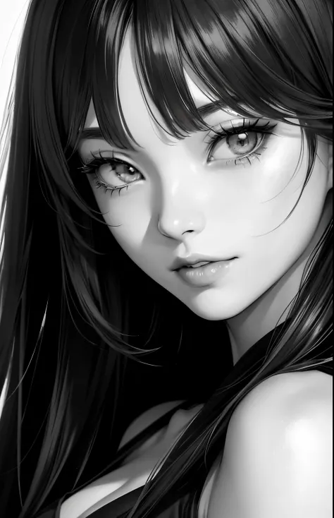 Monochrome grayscale, ​masterpiece、top-quality、hight resolution、High-quality images、8K, 1 woman、skin gloss、Texture of skin and clothing、Detailed eye expression、Lustrous hair、pencil painting、Drawing of a girl with long hair, Manga inspired by Lee Jong-suk, ...