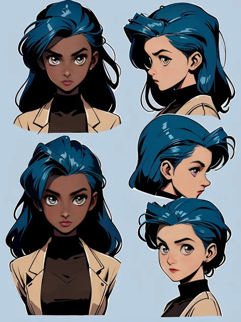 A girl, 1girl, ((15 year old)),(( dark skin:1.0)), sky-blue hair, brown eyes, head character sheet, different head positions, different facial expressions, fashion hairstyles, head turnaround, vintage horror, 1940s, shapes, gothic, vintage, sexy, anime sty...