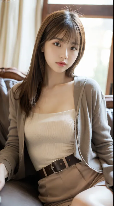 ulzzang -6500-v1.1, (Raw photo:1.2), (Photorealsitic), (Real: 1.4), Portrait, 1 girl, Beautiful face, Asymmetrical hair, Multi-colored hair, Belt bag, body suit, Covered navel, Detached sleeves, grey  eyes, hip vent, Open jacket, Cute, look at viewr, Invit...