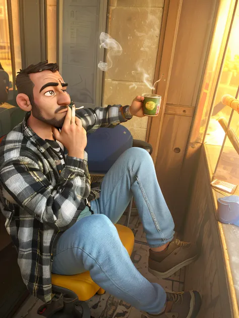 arafed man sitting on a chair smoking a cigarette, taking a smoke break, smoking a cigarrette🚬, usa-sep 20, drinking a beer at train station, smoking with squat down pose, smoking a pipe, man drinking beer, smoking a blunt, praying with tobacco, with cigar...