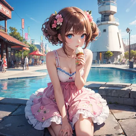 Full body，masutepiece, Best Quality, Ultra-detailed,Extremely detailed，in 8K、This top quality Japan moe illustration is、Im wearing a floral dress、I have a delicious looking ice cream in my hand.、Bright blue eyes、 clear pale pink cheeks、Brown hair color、sho...