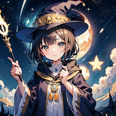 Wizard robes　Wizard Hat　magic wands　teens girl　short-hair　kawaii faces　　Starry night sky　Star Mark　tarot