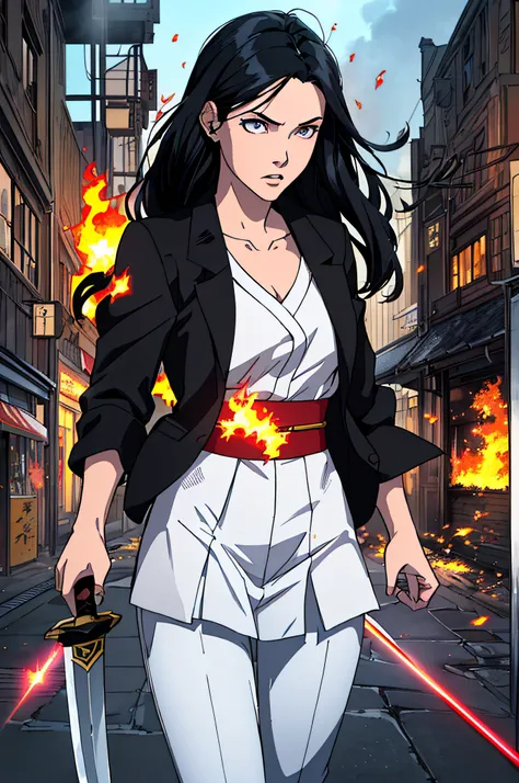 top-quality、Top image quality、​masterpiece、hiquality、Beautiful Art、masutepiece、visualart、depth of fields、femele((15yo student、A slender、Black jacket、White pants、Medium bust、fire lasers from the eyes、Japanese Katana Sword、Long Black Hair)),Background with((...