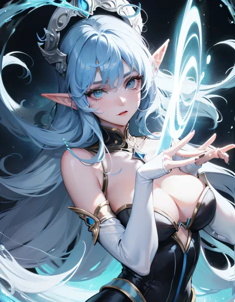 A picture of a elf woman with blue hair, bright blue eyes and white horns holding the world in her hands on a black background with water stars.