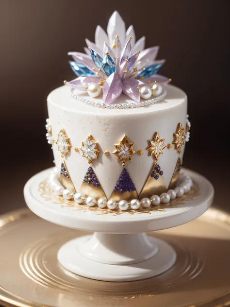 Art product photo, jewelry art, a cut piece of cake made of precious metals, decorated with precious stones and pearls on a white porcelain plate, realistic --auto --s2