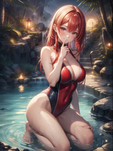 top-quality、Full limbs、complete fingers、1girl in、((one beautiful women、独奏))、Red hair、Medium hair、straight haired、Red competitive swimsuit、Luxury Ryokan、A large open-air bath surrounded by rocks、steam、Wet texture、natta、fullmoon、Lit up、is standing、Naughty Po...