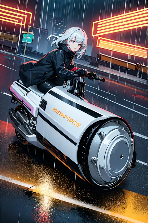 1girl, dress, jacket, rain, ground vehicle, helmet, mecha, motor vehicle, motorcycle, on motorcycle, vehicle focus, wheel, night...