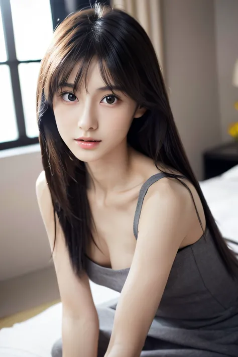 Japanese lady, skinny shape, small breasts, extremely slender waist, beautiful face, beautiful eyes, normal makeup, black long hair, wearing a tight grey dress, sitting on a bed, looking longingly at a viewer, 1girl in, solo, detailed face and eyes, detail...