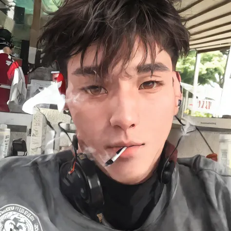 Jungkook Asian man with headphones and a cigarette in his mouth, 18 anos, Streamer do Twitch / Jogador Ludwig, taken in the early 2020s, em torno de 1 9 anos, 2 2 anos, foto de perfil headshot, 2 3 anos, 21 anos, chilled out smirk on face, 2 4 anos, 1 6 an...