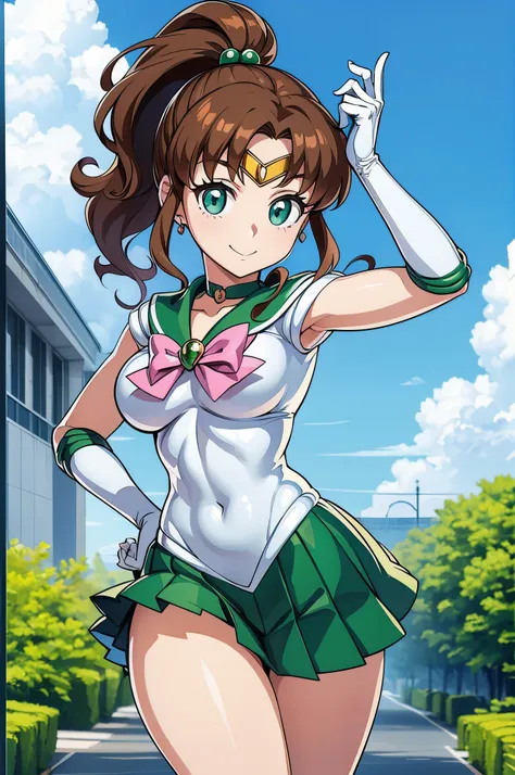 looking at viewer, view here、looking at the camera、the sailor jupiter、nffsw , thigh opening、open one's legs、opening legs、bare le...