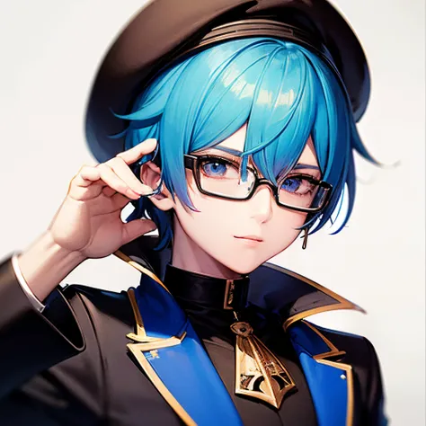 (Best Quality, masutepiece:1.2),1boy,Anime young man with blue hair and glasses in a black jacket, live2d virtual youtuber model, 2 d anime style, anime moe art style, paint tool sai!! Blue, anime stylized, Stylized anime, 2 D Anime, bright green eyes,bere...