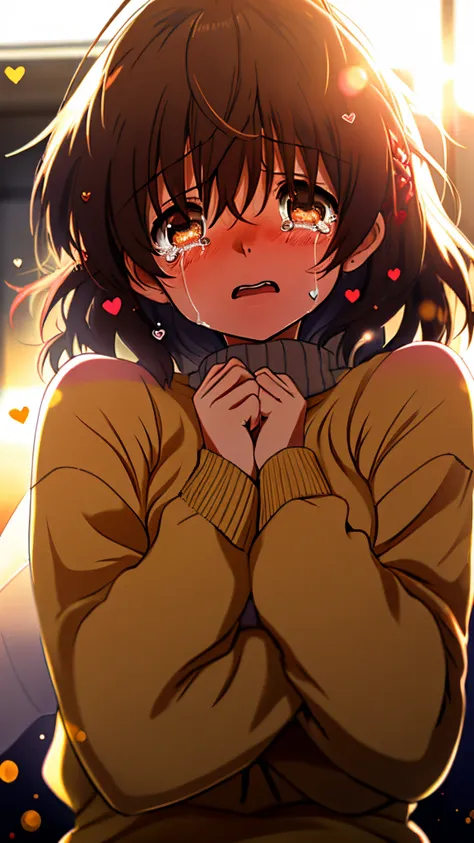 a girl, furukawa nagisa , cry, sobbing, tears,sad ,cosy sweater on, upper body, (huge crying:1.1), (wide open eyes:1.2), sun gla...