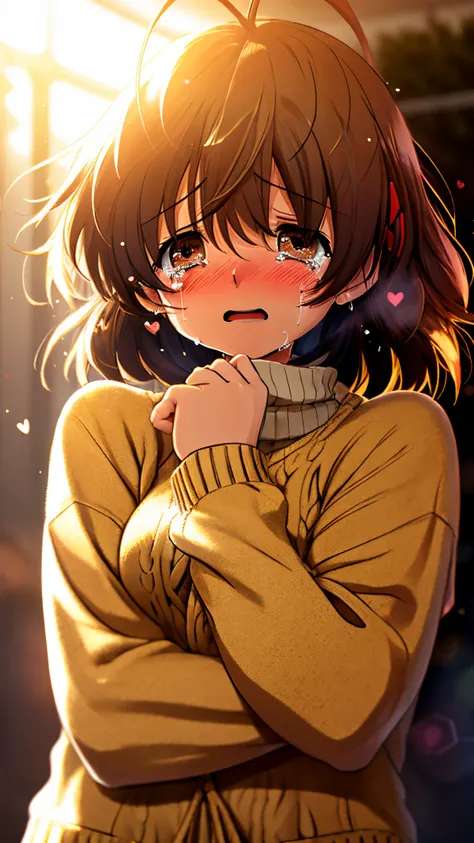 a girl, furukawa nagisa , cry, sobbing, tears,sad ,cosy sweater on, upper body, (huge crying:1.1), (wide open eyes:1.2), sun glare, bokeh, depth of field, blurry background, light particles, strong wind, (heart particles:1.1)