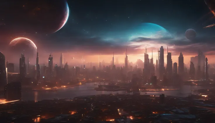 3d rendered, Cyberpunk city background, panoramic macro, ((wide panoramic wallpaper, 4K High Definition, Realistic))sky with planets and stars.