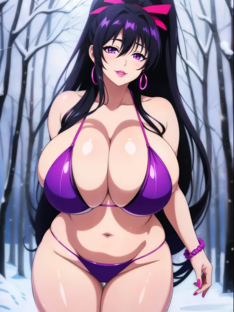 Akeno Himejima, 1girl, (((bimbo))), long black hair, purple eyes, ear rings, (((bimbo))), puffy lips, painted lips, thick lips, erotic smile face, wide hips, thick thighs, huge round ass, enormous natural breasts, shiny oily breasts, purple bikini, cleavag...