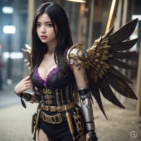 top-quality、​masterpiece、超A high resolution、(Photorealsitic:1.4)、Raw photo、女の子1人、Black hair、glowy skin、1. Steampunk Angel Cyborg、large metal wings、((super realistic details))、portlate、globalillumination、Shadow、octan render、8K、ultrasharp、Colossal tits、Raw s...