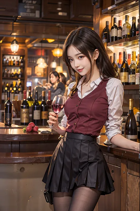 woman drinking wine at a bar、brunette disheveled hair:1.3、A smile、a miniskirt、pantyhose