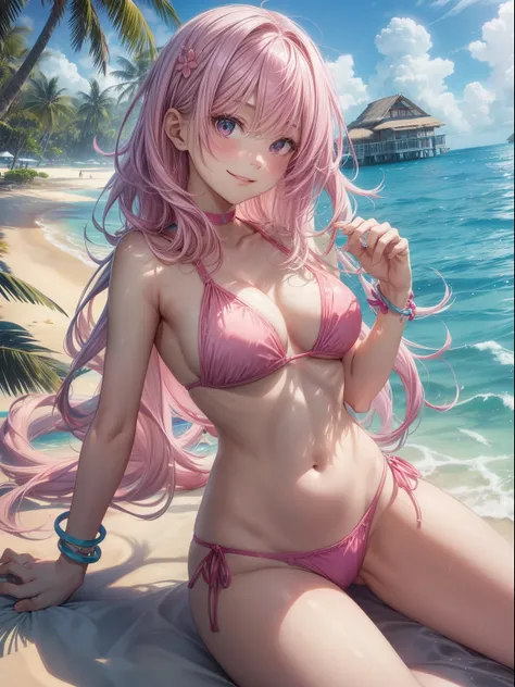 top-quality、Full limbs、complete fingers、1girl in、((one beautiful women、独奏))、Pink hair、Medium hair、straight haired、bikini in pink color、Maldives、light blue water surface sea、Beach Resort、Naughty Poses、A big smile