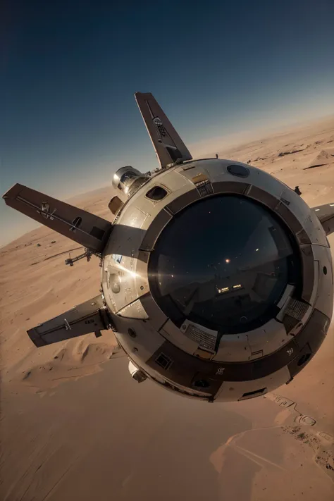 In the sky above Mars, the high-tech aircraft is docking with the space station. The metal texture is strong. The ultra-wide-angle lens makes the picture bright and realistic. The photography effect is