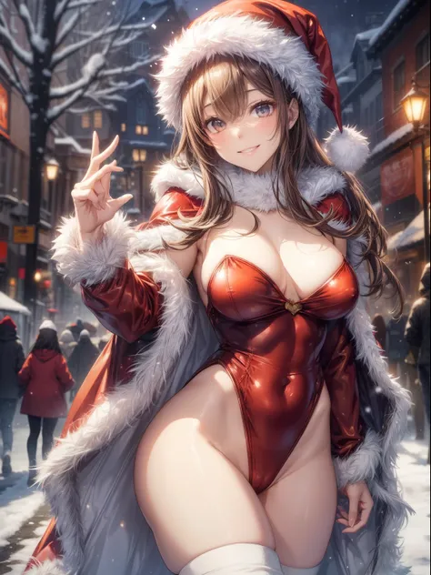 top-quality、Full limbs、complete fingers、Slender beauty、straight haired、Brown hair、short-hair、Beautiful Large Breasts、(Detailed ultra-oily shiny skin:1.1)、oily shiny thighhigh、Santa Claus Costume、red santa claus leotard、White High Socks、Santa Claus hat、wear...