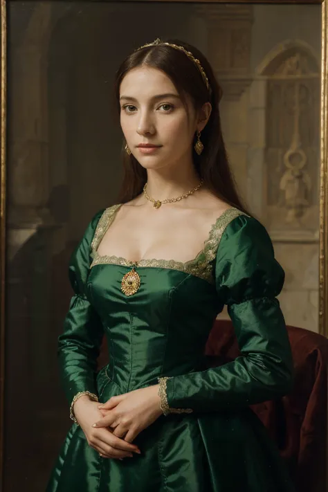 Portrait of a medieval Lady, 16th century oil painting, portuguese noble Woman, Green Dress, portuguese Woman from 16th centuty