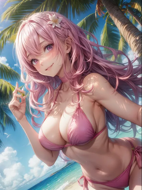 top-quality、Full limbs、complete fingers、1girl in、((one beautiful women、独奏))、Pink hair、Medium hair、straight haired、bikini in pink color、huge tit、Maldives、light blue water surface sea、Beach Resort、Naughty Poses、A big smile