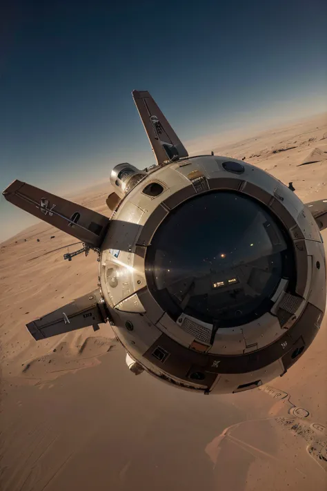 In the sky above Mars, the high-tech aircraft is docking with the space station. The metal texture is strong. The ultra-wide-angle lens makes the picture bright and realistic. The photography effect is