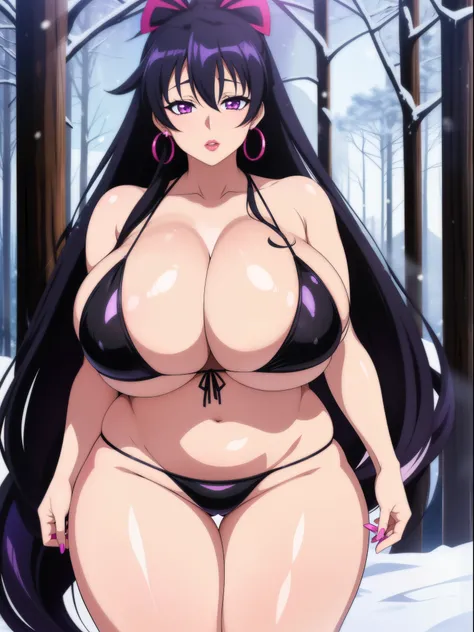 Akeno Himejima, 1girl, (((bimbo))), long black hair, purple eyes, ear rings, (((bimbo))), puffy lips, painted lips, thick lips, wide hips, thick thighs, huge round ass, enormous natural breasts, shiny oily breasts, saggy breasts, black bikini, woods, snowi...