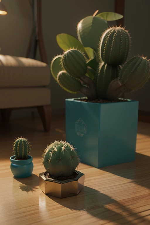 3d rendering house, cacti, A tree, Tom Whalen style, distillation of form, Tiny cores, rich background, light cyan and dark beige, scientific illustration, Toy core, gentlesoftlighting, dreamlike landscapes, 4KUHD, isometry, Tilt-shift 3D modeling room loo...