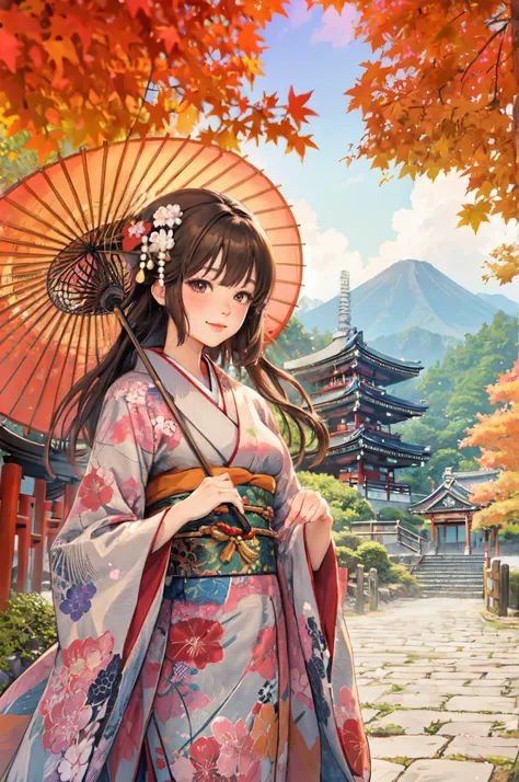 1lady standing, /(colorful kimono/), mature female, /(brown hair/) bangs, blush light smile, (masterpiece best quality:1.2) delicate illustration ultra-detailed BREAK holding a (Japanese umbrella) BREAK /(Japanese shrine in Kyoto/), /(trees autumn foliage/...