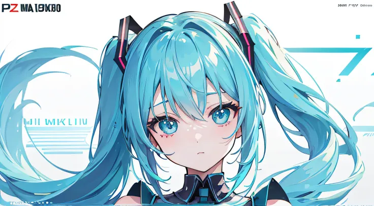 miku hatsune, Small chest, White background, pop magazine cover style, pulse waveform, (masterpiece), (Best Quality, 8K, High resolution), Ultra-detailed, (Realistic), Vibrant colors