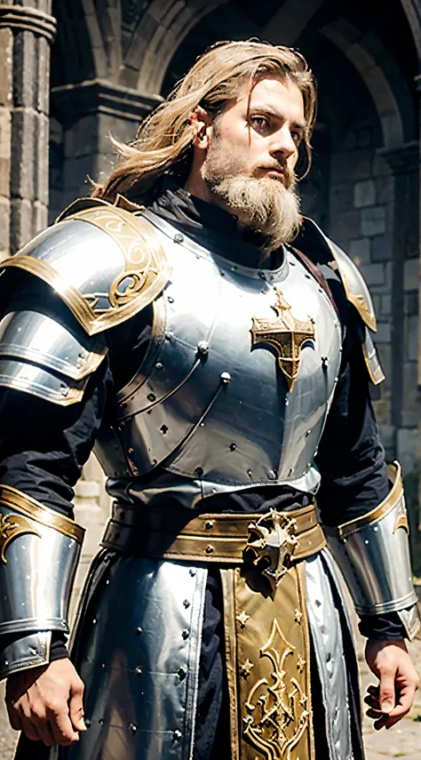 Paladino medieval, batalha danifica armadura, Adornos Religiosos, sem capacete, cara velha, barba grande