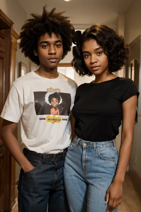 A Disney Pixar inspired picture of a tall teen girl with slightly uneven eyes and a dark chocolate brown complexion and an afro posing next to a boy taller whose than her and light skin their both thin and young teenagers in love