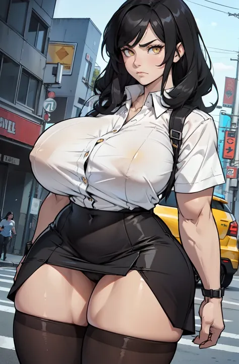 (((muscular girl huge breasts))) black hair yellow eyes pale skin frown UHD 16k best quality wide hips tight shirt skirt pantyhose