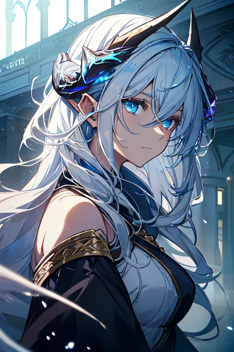 With white hair and Blue eyes,beautiful as a fairy,A melancholy expression that stirs affection,side face,floating hair,light particles,glare,vivid,fancy,dreamlike,a dim atomshpere, ((Dragon Girl)) ((Blue Horns)) ((Dark Fantasy)) ((Elden Ring))