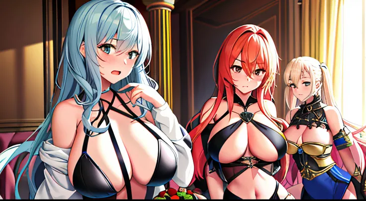 oppai showcase, erotic chart, messy langerie on ground, 3women, langerie knights with bikini style armor ,Badly torn costume, slide costume,disheveled uniform,  off-shoulder, bare navel, chest, bare shoulders, unzipped, full breasts, {{large breasts}}, hum...