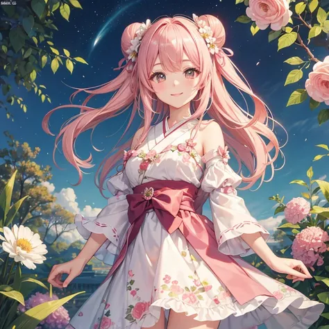 master piece , best quality，wallpaper 8k CG, hyper quality, the best ，1girl,solo，smile，Her two buns are pictured in the center of the image。This top quality Japanese Moe illustration，a clear pale pink blush，Im wearing a floral dress，
curled eyelashes，pink ...