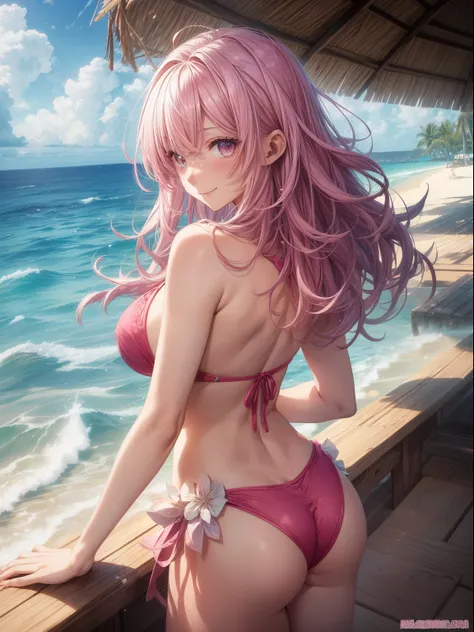 top-quality、Full limbs、complete fingers、1girl in、((one beautiful women、独奏))、Pink hair、Medium hair、straight haired、bikini in pink color、huge tit、Maldives、light blue water surface sea、Beach Resort、Naughty Poses、A big smile、Rear view、Composition seen from beh...