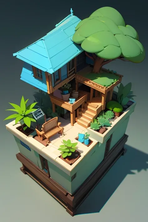 3d rendering of house, Succulents, A tree, Tom Whalen style, distillation of form, tiny core, rich background, light cyan and dark beige, scientific illustration, Toy core, gentlesoftlighting, dreamlike landscapes, 4KUHD, isometry, Tilt-shift 3D modeling r...