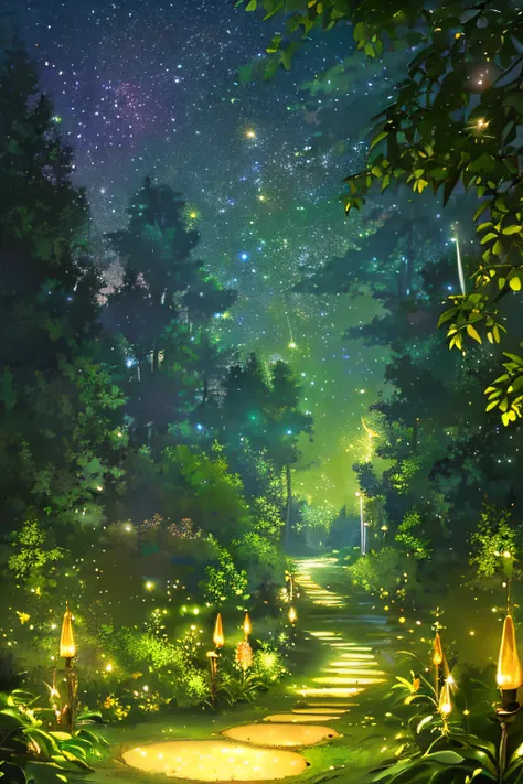 Fireflies glowing in a fascinating maze, Next up is the magic snail.,Fireflies and snails have the highest amount,Beautifully shining fireflies and snails,beautiful enchanting maze,Starry night sky,fairy tale atmosphere,colorful and vibrant,magical and enc...