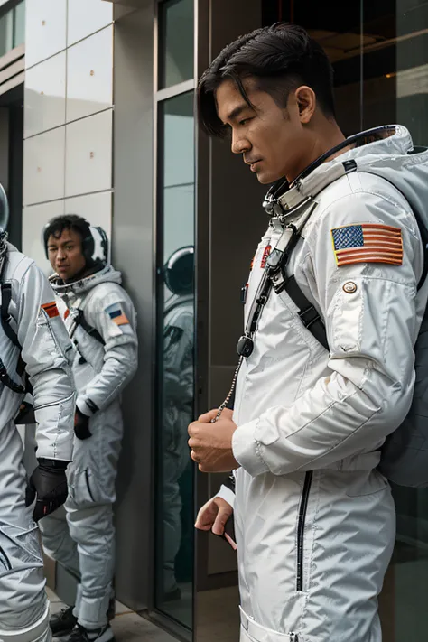 Several future Mars Asian middle-aged male astronauts next to the Mars building, without signs, wearing the same style of space suits and space helmets with transparent glass covers, close-up of the whole body