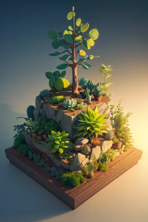 3d , Succulents, A tree, Tom Whalen style, distillation of form, tiny core, rich background, light cyan and dark beige, scientific illustration, Toy core, gentlesoftlighting, dreamlike landscapes, 4KUHD, isometry, Tilt-shift 3D modeling room top view 3D mo...